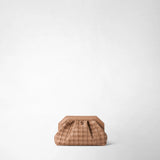 Front view: MINI SECRET CLUTCH BAG IN MOSAICO stands against a light background; the sandalwood-colored clutch features a three-dimensional Mosaico weave and an angular leather frame.