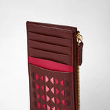 Side view: ZIP CARD CASE IN MOSAICO features a slim rosewood-colored leather card case with multiple card slots, diamond-pattern woven details, and a gold zipper pocket.