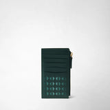 Front view: ZIP CARD CASE IN MOSAICO in dark green leather, with multiple card slots, a geometric mosaic pattern, and a side zipper with a gold-tone pull.