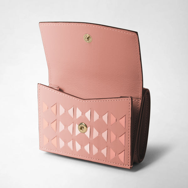 Front view of the MINI TRI-FOLD WALLET IN MOSAICO, a small blush wallet with flap open, graphic Mosaico pattern and gold snap button visible.