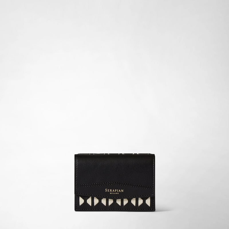 Frontal view: MINI TRI-FOLD WALLET IN MOSAICO features a compact black wallet with an off-white Mosaico woven pattern, and gold foil &#39;SERAPIAN MILANO&#39; text on the flap.