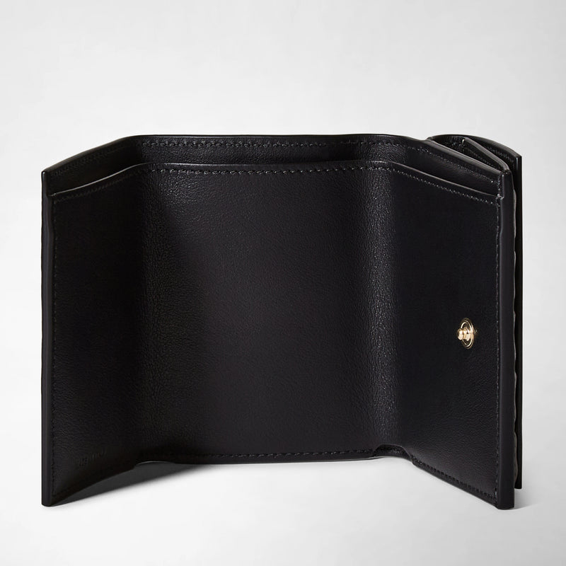 Frontal view: MINI TRI-FOLD WALLET IN MOSAICO shows the wallet opened, displaying black leather interior sections with a gold snap button and stitched edges.