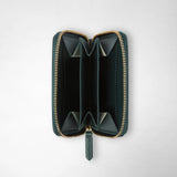 Close-up: MINI ZIP WALLET IN MOSAICO is open, showing dark green folded compartments and a gold-tone zip-around closure against a light background.