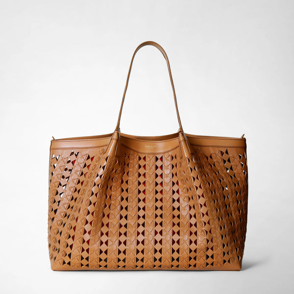 Secret tote bag in mosaico see through - tan/coral red