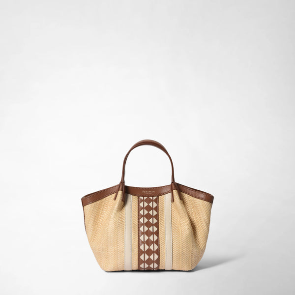 Mini secret bag in raffia and seta leather - natural/tan/off-white