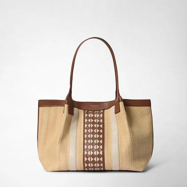 Small secret tote bag in raffia and seta leather - natural/tan/off-white