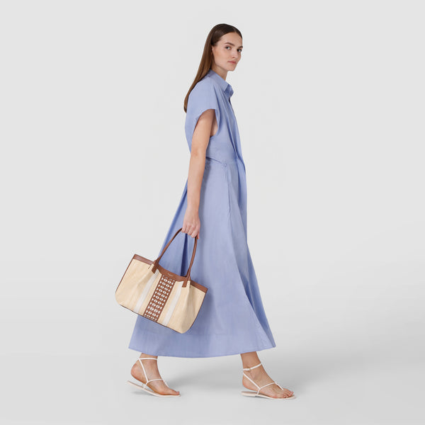 Small secret tote bag in raffia and seta leather - natural/tan/off-white