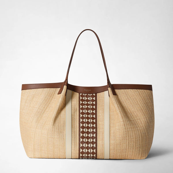 Secret tote bag in raffia and seta leather - natural/tan/off-white