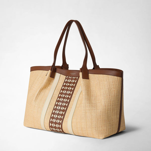 Secret tote bag in raffia and seta leather - natural/tan/off-white