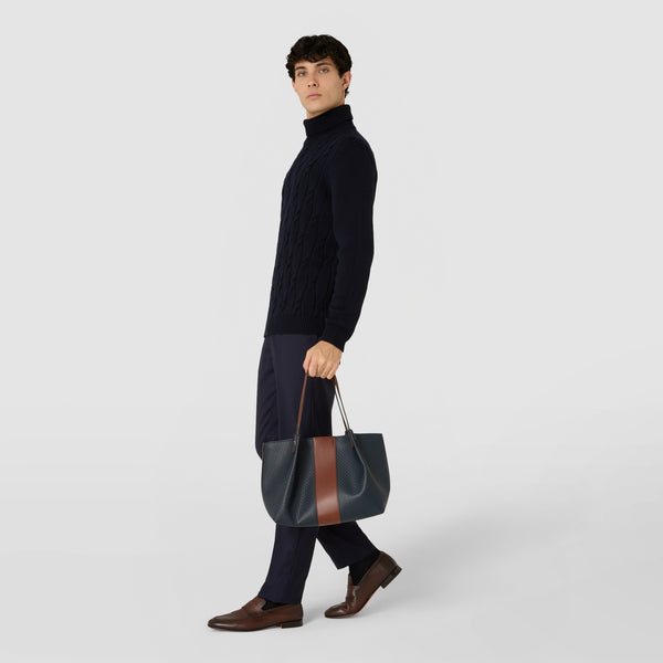 Small secret tote bag in stepan 72 - ocean blue/cuoio