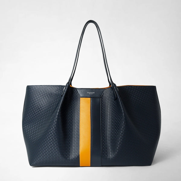 Frontal view: SECRET TOTE BAG IN STEPAN displayed in ocean blue Stepan coated canvas with sunrise calfskin leather vertical stripe down the middle and double handles.