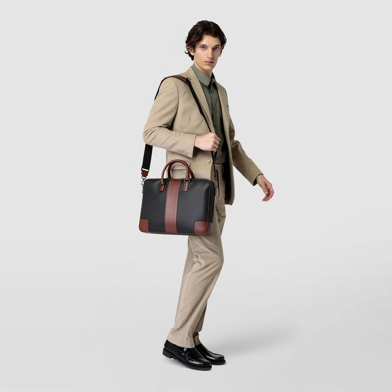 Slim briefcase in stepan 72 - black/cuoio