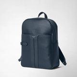 BACKPACK IN STEPAN is shown from a slightly angled front view against a light background. The ocean blue backpack features an embossed pattern, leather details, a zipper, and the inscription “SERAPIAN MILANO”.