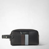 Frontal view: WASHBAG IN STEPAN stands against a light background; asphalt-gray embossed canvas, ebony and ice-blue leather strips, and a side tab. Logo: “SERAPIAN MILANO”.