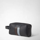 WASHBAG IN STEPAN, front view: dark gray patterned washbag with a wraparound zipper, brown and ice-blue leather stripe, and side wrist strap. Visible logo: “SERAPIAN MILANO”.