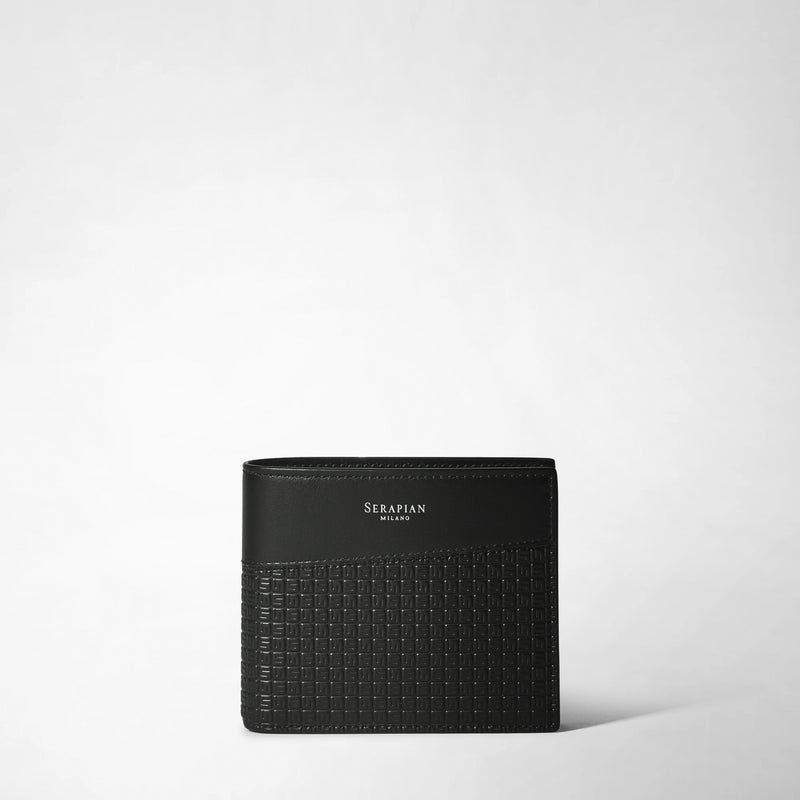 Frontal view: 6-CARD BILLFOLD WALLET IN STEPAN displays a black wallet with textured lower canvas and smooth upper leather, showing &#39;SERAPIAN MILANO&#39; in white text.