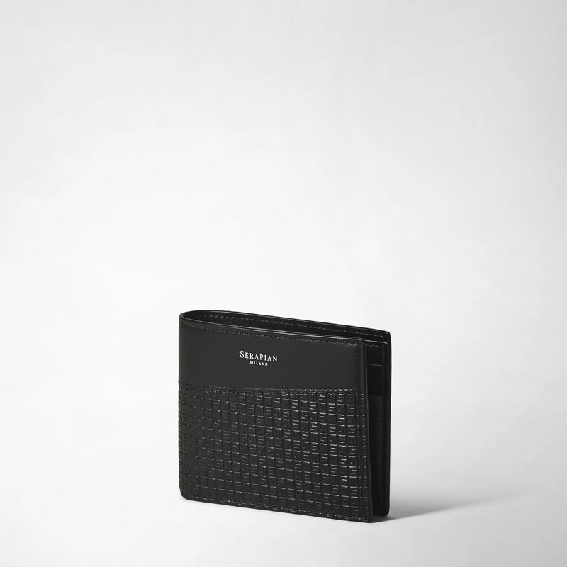 Frontal view: 6-CARD BILLFOLD WALLET IN STEPAN features a black textured wallet with a woven pattern and &#39;SERAPIAN MILANO&#39; text on the smooth leather top.
