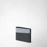 Front view: 6-CARD BILLFOLD WALLET IN STEPAN stands appearing open but closed, with embossed dark gray canvas and an ice-blue leather strip against a light background. Visible lettering: “SERAPIAN MILANO”.