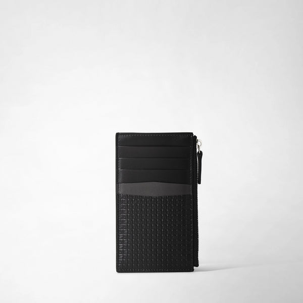Frontal view: ZIP CARD CASE IN STEPAN displays a slim black card case with multiple card slots, a textured lower section, and a zippered pocket on the right side.