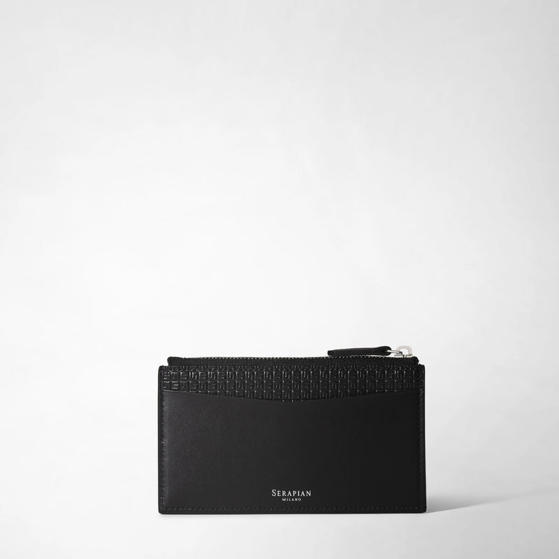 Frontal view: ZIP CARD CASE IN STEPAN shows a slim, black card case with textured detailing on top, a visible zipper, and &#39;SERAPIAN MILANO&#39; text in silver.