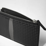 Detail view: ZIP CARD CASE IN STEPAN shows a slim black card case with multiple card slots and a zipper compartment, featuring a textured S-etched pattern on the surface.