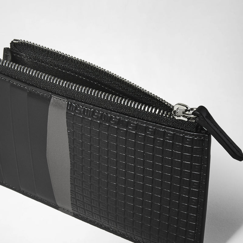 Detail view: ZIP CARD CASE IN STEPAN shows a slim black card case with multiple card slots and a zipper compartment, featuring a textured S-etched pattern on the surface.
