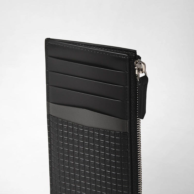 Side view: ZIP CARD CASE IN STEPAN shows a slim black card case with multiple card slots, textured Stepan-patterned lower section, and a metal zippered edge.