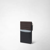 Front view: The ZIP CARD CASE IN STEPAN features several card slots, an ice-blue leather panel and embossed asphalt-gray canvas; the zipper runs along the side.