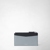 Front view: ZIP CARD CASE IN STEPAN with a light blue-gray leather front, black S-etched trim and zipper; Serapian Milano logo on a white background.