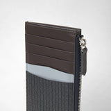 Detail view: ZIP CARD CASE IN STEPAN shows several card slots in dark leather, ice-blue accents, embossed Stepan canvas, and a side zipper.