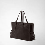 Frontal view: MAXI MARO BAG IN SUEDE AND MOSAICO appears as a large dark brown tote bag with long handles, a geometric Mosaico pattern, and side leather straps against a light background.