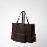 Front view: MAXI MARO BAG IN SUEDE AND MOSAICO in dark suede with a woven Mosaico pattern, long handles, and a front zip pocket. Visible lettering: “SERAPIAN MILANO”.