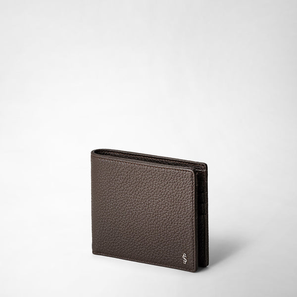 Front view of 8-CARD BILLFOLD WALLET IN CACHEMIRE LEATHER in Espresso color, finely grained leather, subtle metal logo at bottom right.