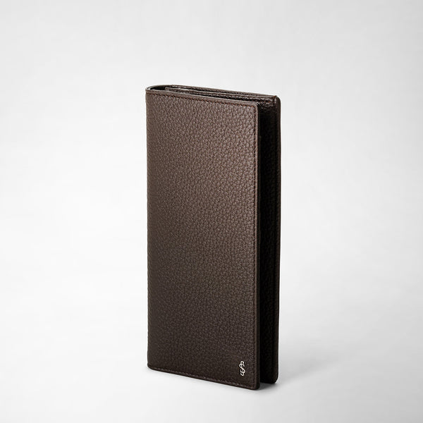 Front view of the COAT WALLET IN CACHEMIRE LEATHER, elegant in dark brown Espresso Cachemire leather with subtle metal detail at the lower right, standing on a light background.