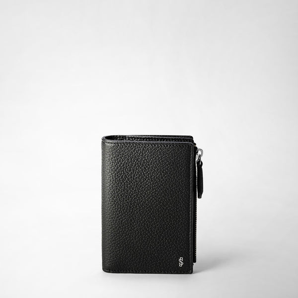 Vertical bifold wallet with zip in cachemire leather - black