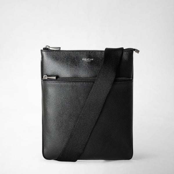 Flat crossbody bag in evoluzione leather - eclipse black