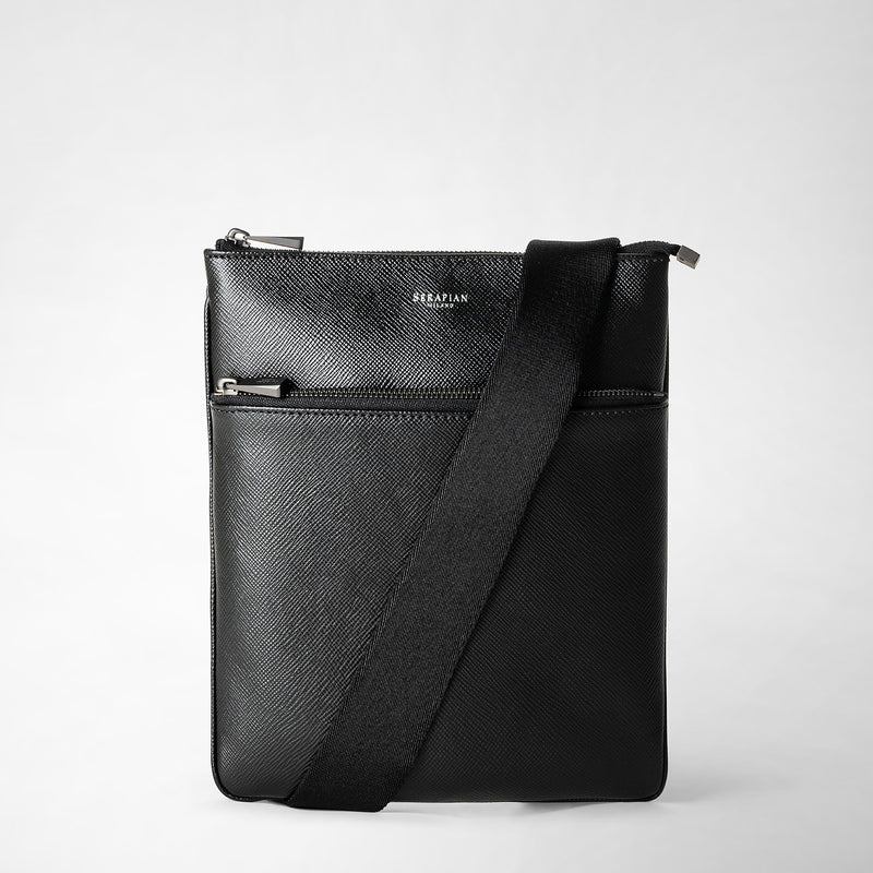 Flat crossbody bag in evoluzione leather - eclipse black