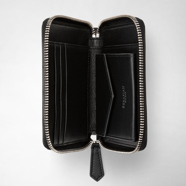 Front view of the open MINI ZIP WALLET IN MOSAICO, made of black leather with multiple card slots and coin pocket, silver zipper.