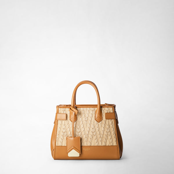 Meline' handbag in raffia and seta leather - natural/caramel