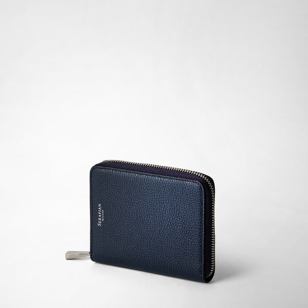 Frontal view: MINI ZIP AROUND WALLET IN RUGIADA LEATHER shows a navy blue, finely textured leather wallet with a zip around closure and visible SEPAIANA MILANO branding.