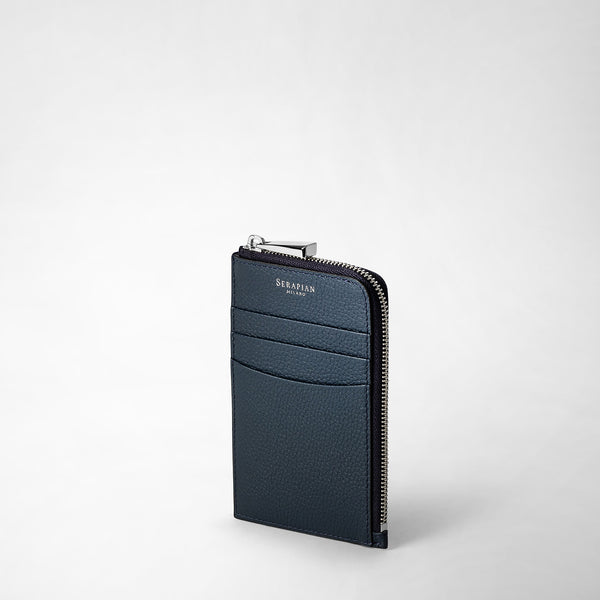 Front view: ZIP CARD CASE IN RUGIADA LEATHER stands upright, navy blue, with visible card slots and silver zipper, embossed with &#39;SERAPIAN MILANO&#39;.
