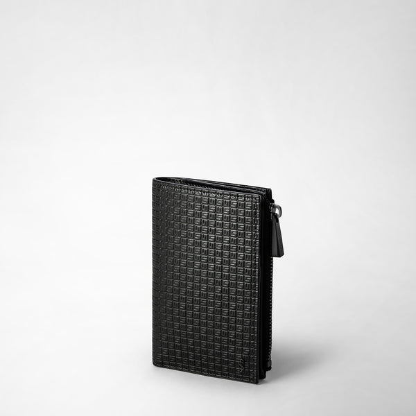 Front view of the VERTICAL BIFOLD WALLET WITH ZIP IN STEPAN, black, standing with visible zipper and signature S-etching on the surface.