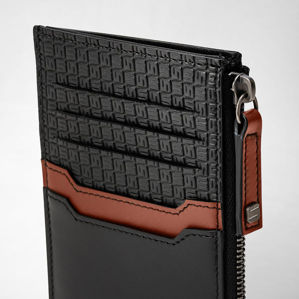 Front view of the ZIP CARD CASE IN STEPAN 72 showing a slim card case in black textured Stepan canvas and Cuoio leather with zip and multiple card slots.